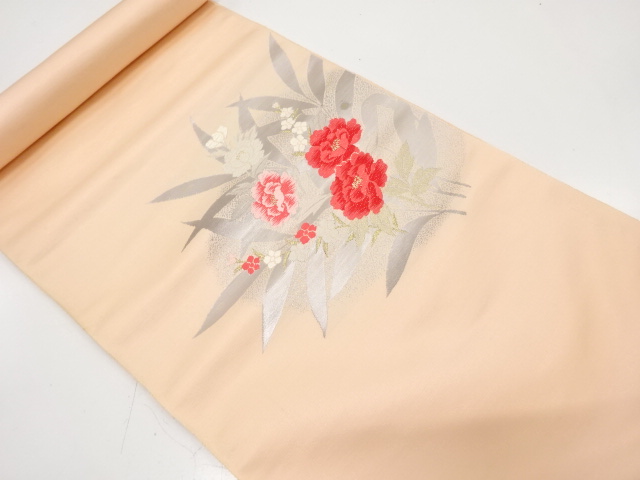 アンティーク　牡丹に小花模様織り出し　名古屋帯地反物